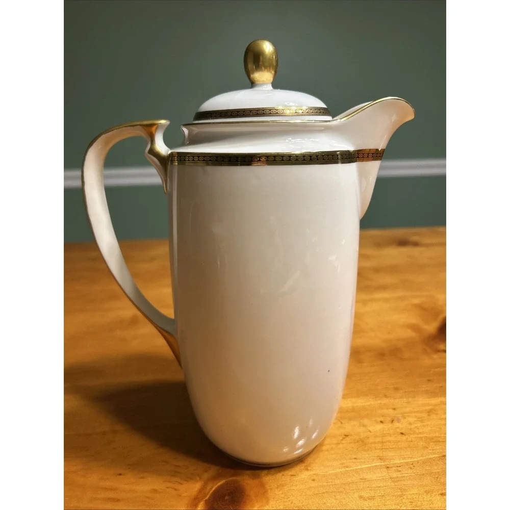 Vintage White Porcelain Coffee Pot Gold Black Greek‎ Key Trim Gilded Tea Server